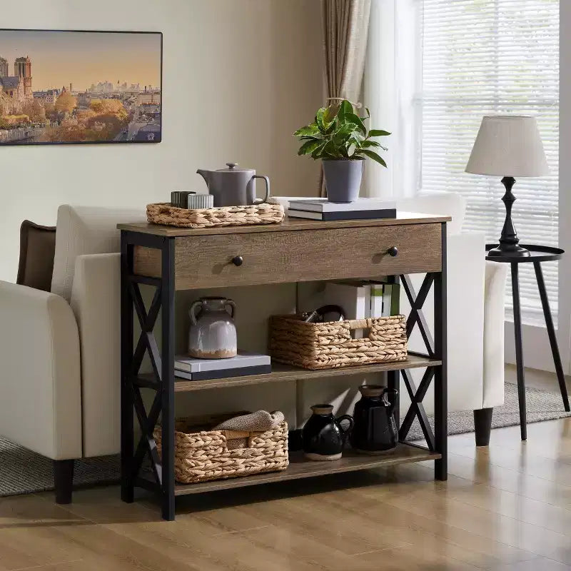Console vintage en bois Yaheetech avec 1 tiroir et 2 étagères ouvertes