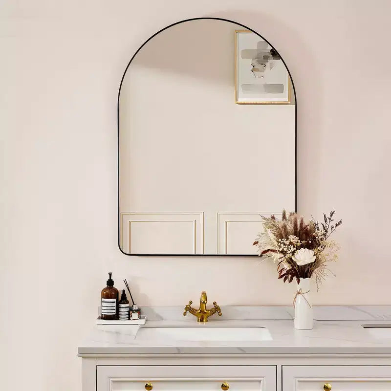 ANDY STAR Miroir mural de courtoisie moderne à cadre arqué de 50,8 x 76,2 cm avec cadre en acier, verre flottant sans distorsion et crochets préinstallés, noir mat
