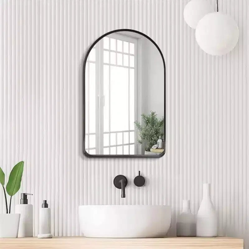 ANDY STAR Miroir mural de courtoisie moderne à cadre arqué de 50,8 x 76,2 cm avec cadre en acier, verre flottant sans distorsion et crochets préinstallés, noir mat