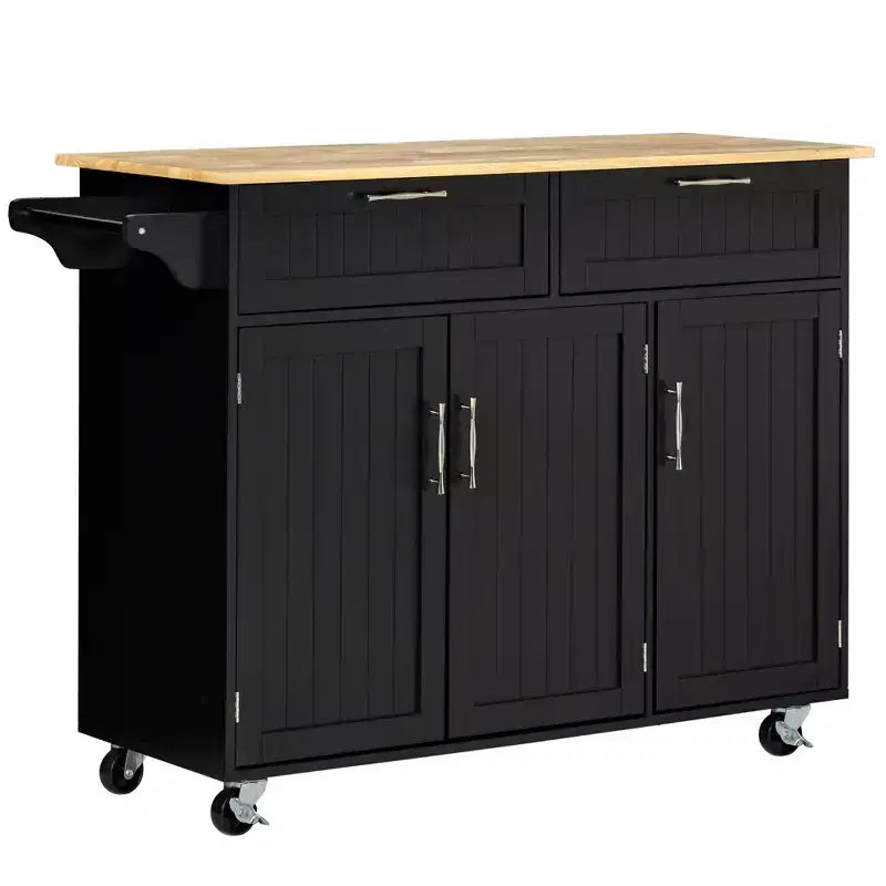 HOMCOM Modern Kitchen Island Cart on Wheels with Storage Drawers, Rolling Utility Cart with Adjustable Shelves, Cabinets and Towel Rack, Black