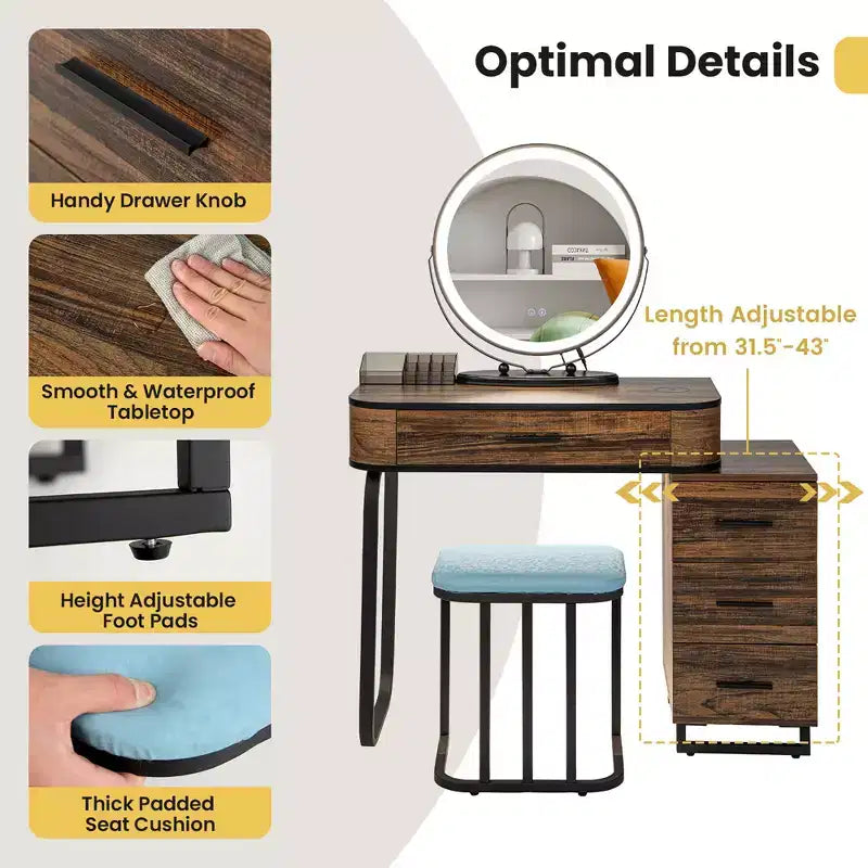 Coiffeuse Costway avec miroir, lumière réglable 3 couleurs, capteur de mouvement et station de charge