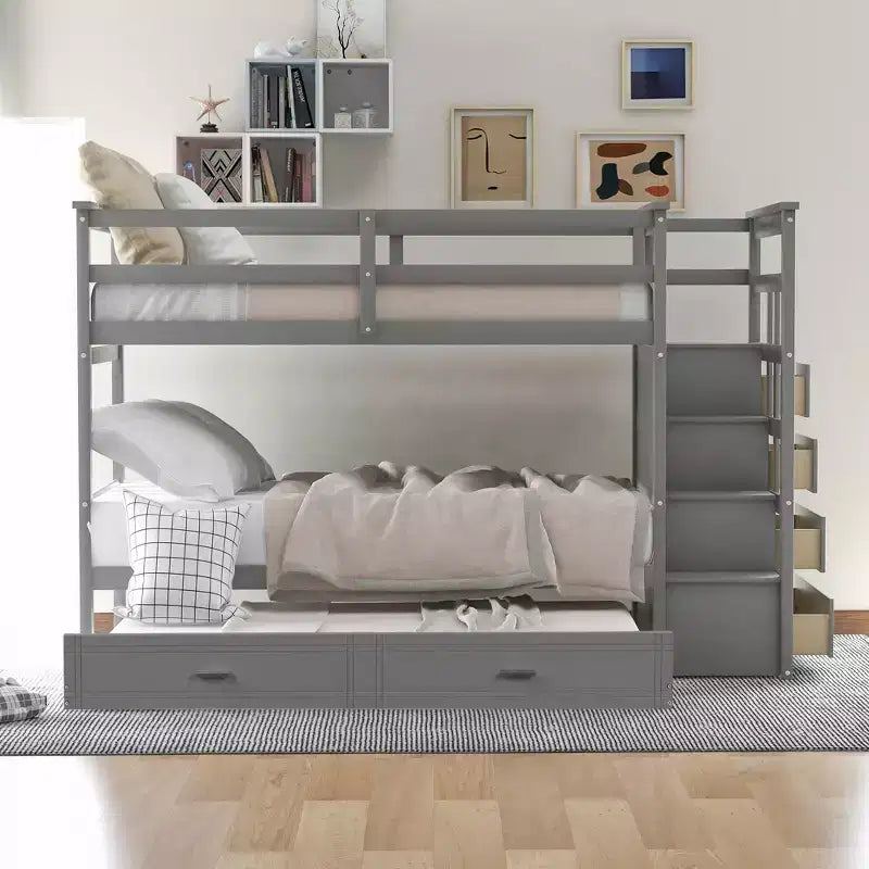 Lit superposé en bois, double sur double, avec 4 tiroirs, lit gigogne et escalier-ModernLuxe