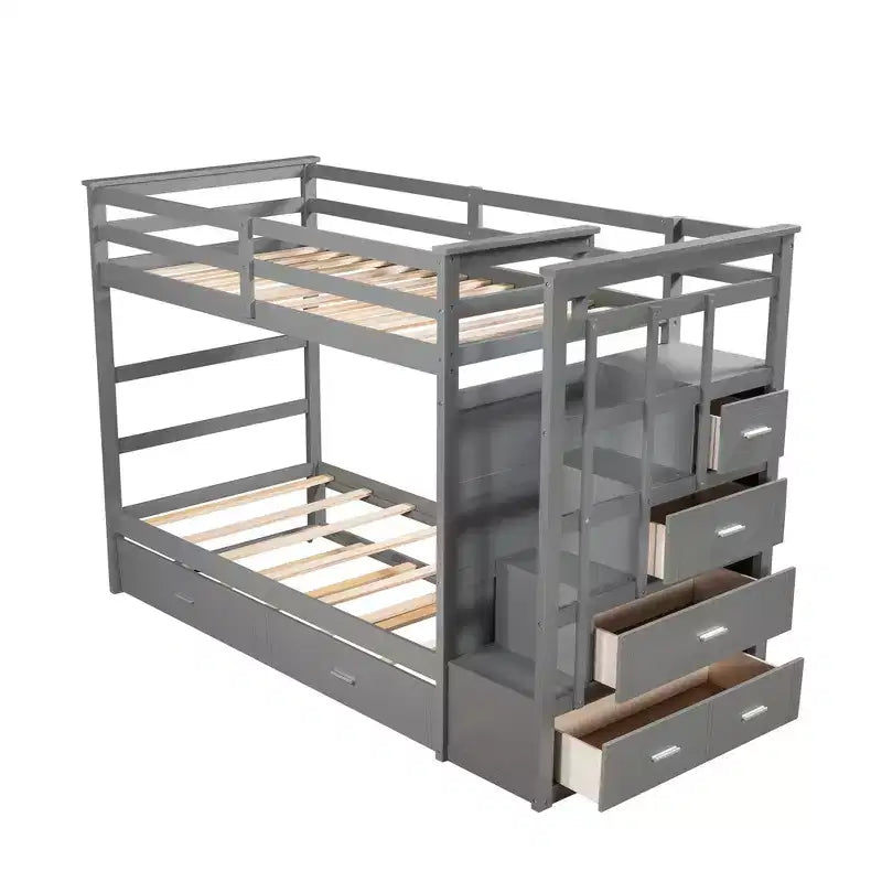 Lit superposé en bois, double sur double, avec 4 tiroirs, lit gigogne et escalier-ModernLuxe
