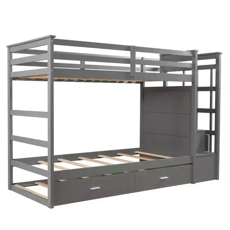 Lit superposé en bois, double sur double, avec 4 tiroirs, lit gigogne et escalier-ModernLuxe