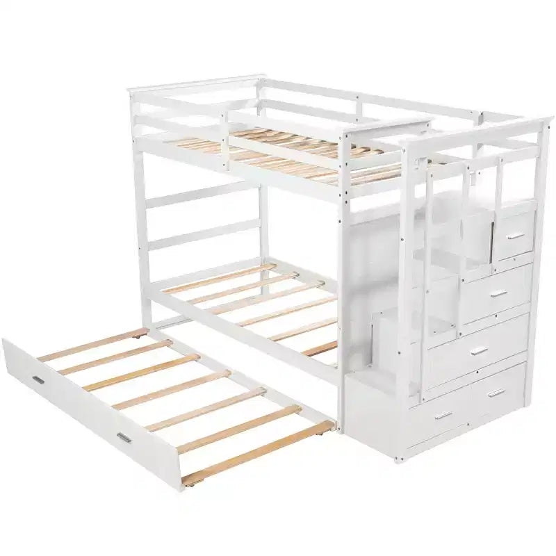 Lit superposé en bois, double sur double, avec 4 tiroirs, lit gigogne et escalier-ModernLuxe