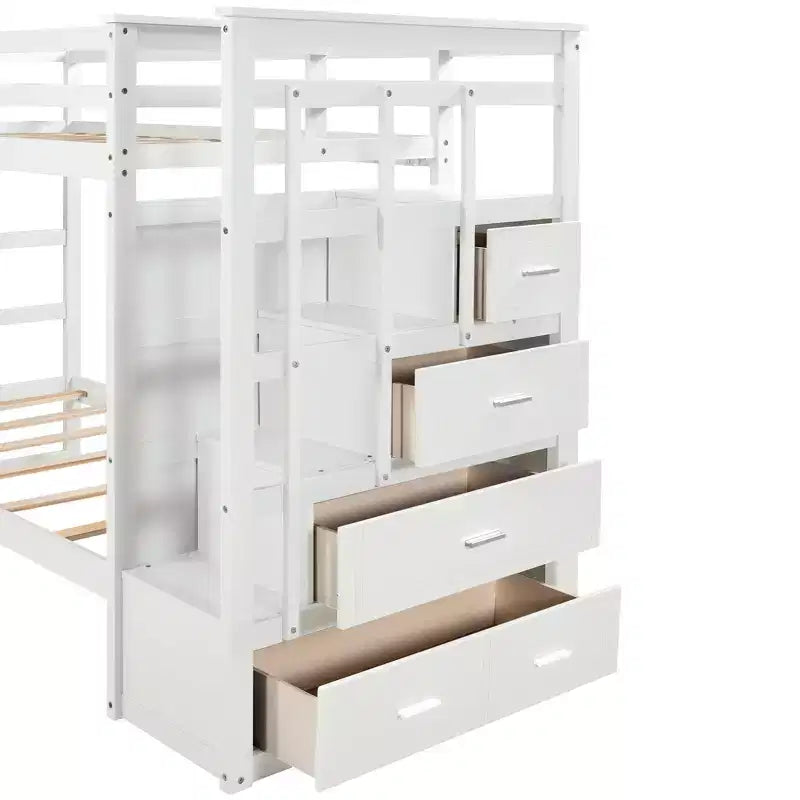 Lit superposé en bois, double sur double, avec 4 tiroirs, lit gigogne et escalier-ModernLuxe