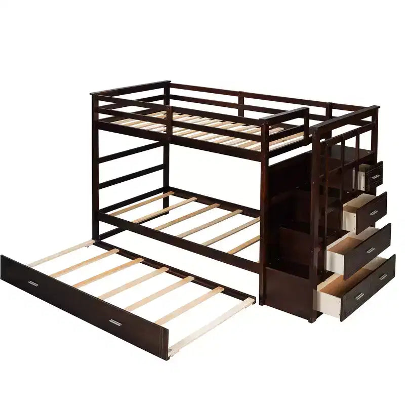 Lit superposé en bois, double sur double, avec 4 tiroirs, lit gigogne et escalier-ModernLuxe