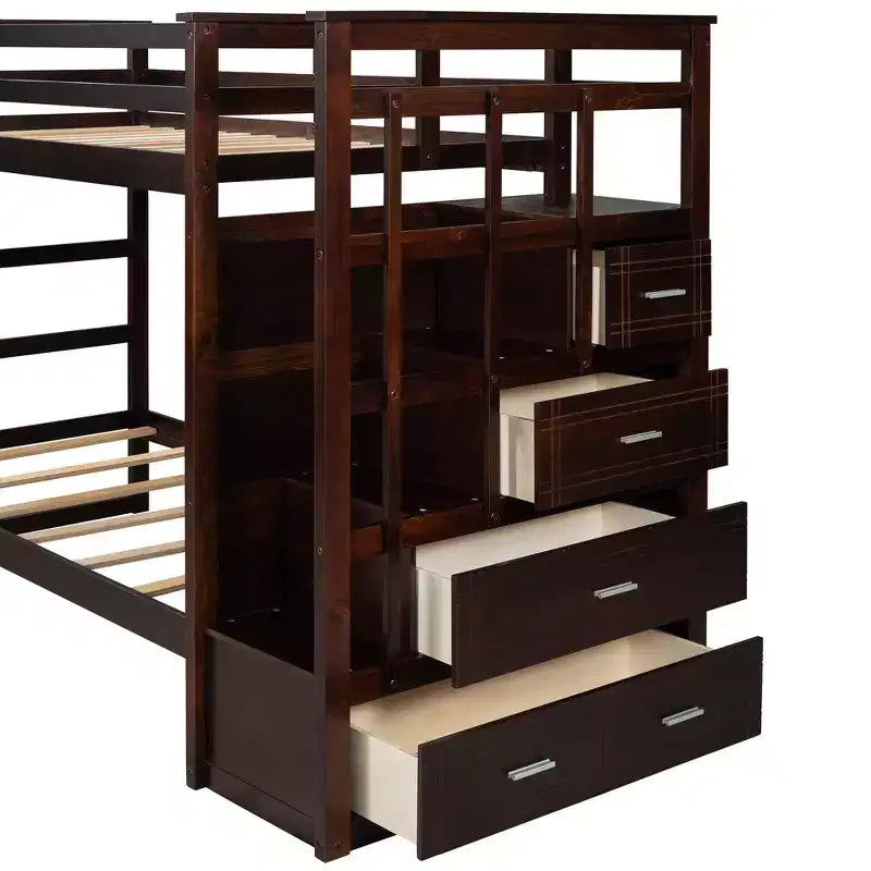 Lit superposé en bois, double sur double, avec 4 tiroirs, lit gigogne et escalier-ModernLuxe