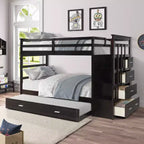 Twin Over Twin Wood Bunk Bed with 4 Drawers, Trundle and Staircase-ModernLuxe