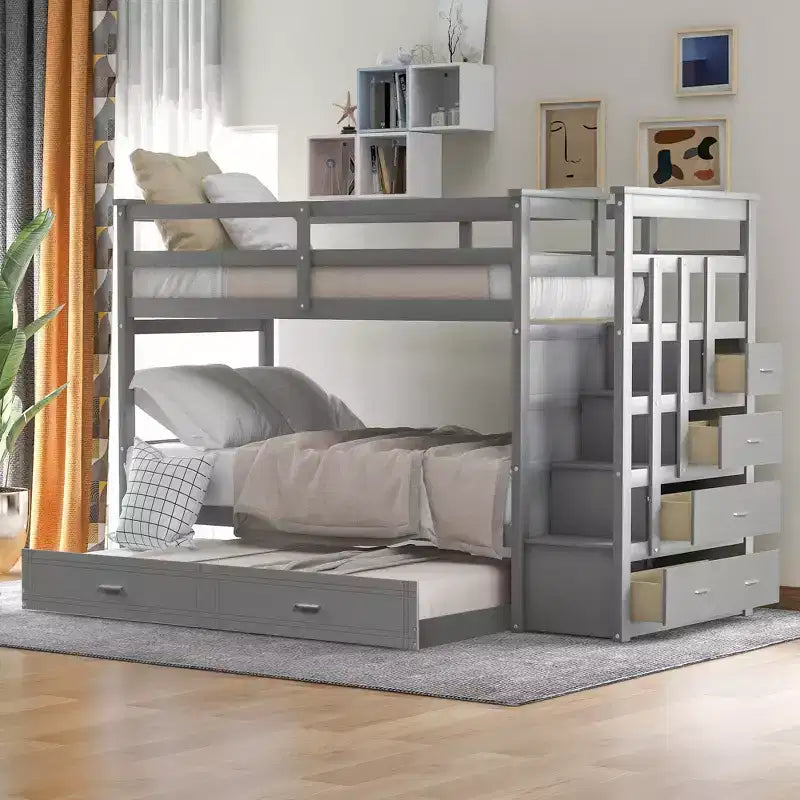 Lit superposé en bois, double sur double, avec 4 tiroirs, lit gigogne et escalier-ModernLuxe