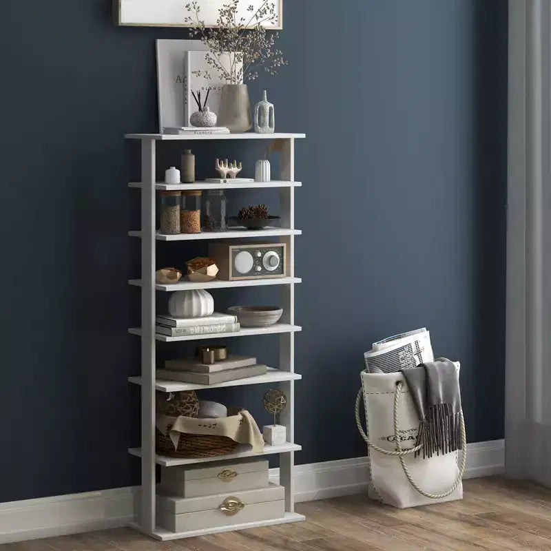 Costway Range-chaussures breveté à 7 niveaux, double rangée, organisateur de rangement vertical en bois, blanc rustique/marron