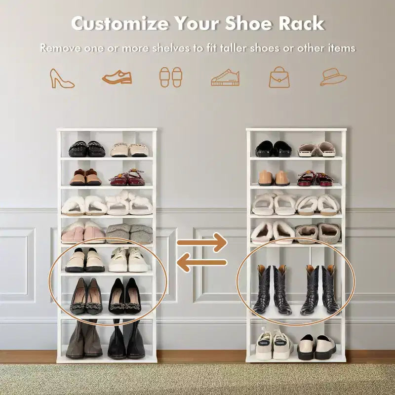 Costway Range-chaussures breveté à 7 niveaux, double rangée, organisateur de rangement vertical en bois, blanc rustique/marron