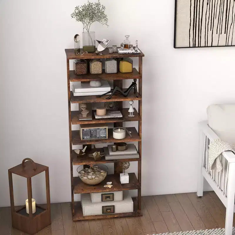 Costway Range-chaussures breveté à 7 niveaux, double rangée, organisateur de rangement vertical en bois, blanc rustique/marron