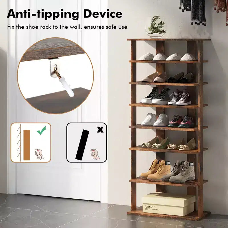 Costway Range-chaussures breveté à 7 niveaux, double rangée, organisateur de rangement vertical en bois, blanc rustique/marron