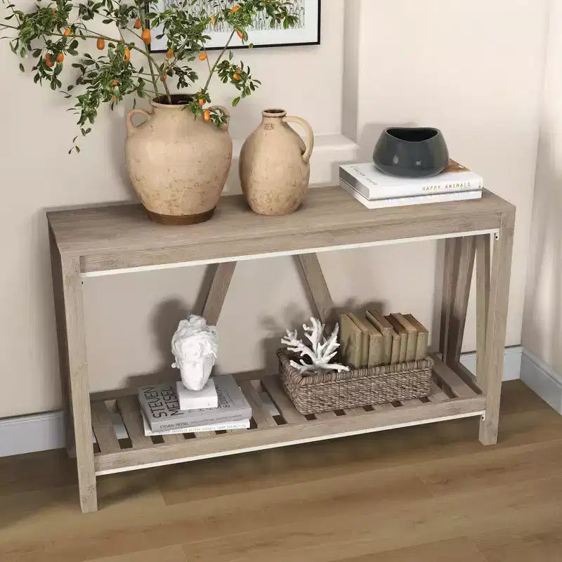 HOMCOM Table Console de Ferme avec Étagère de Rangement, Table de Canapé Rustique avec Dispositif Anti-basculement pour Meuble de Salon, Chambre et Entrée