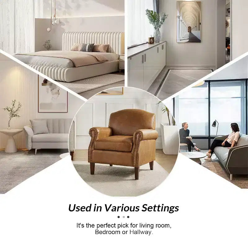 Fauteuil Gianluigi en similicuir végane de transition avec clous décoratifs et pieds en bois massif pour la chambre et le salon | ART OF LIVING DESIGNS