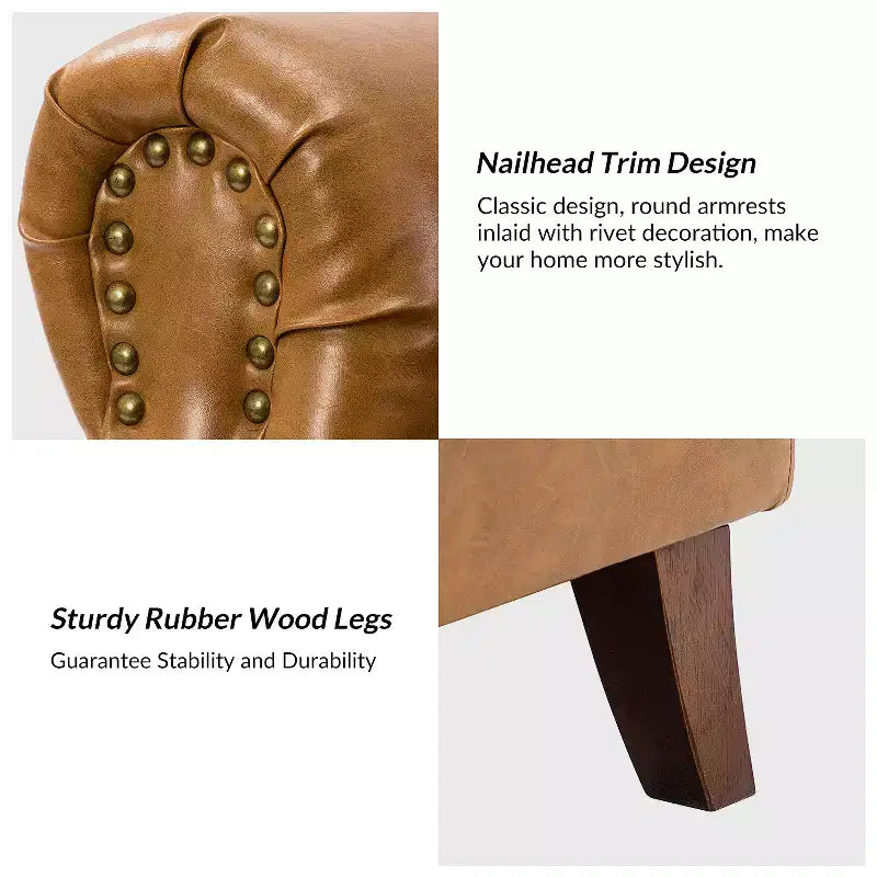 Fauteuil Gianluigi en similicuir végane de transition avec clous décoratifs et pieds en bois massif pour la chambre et le salon | ART OF LIVING DESIGNS