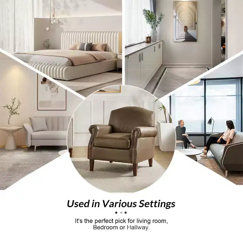 Fauteuil Gianluigi en similicuir végane de transition avec clous décoratifs et pieds en bois massif pour la chambre et le salon | ART OF LIVING DESIGNS