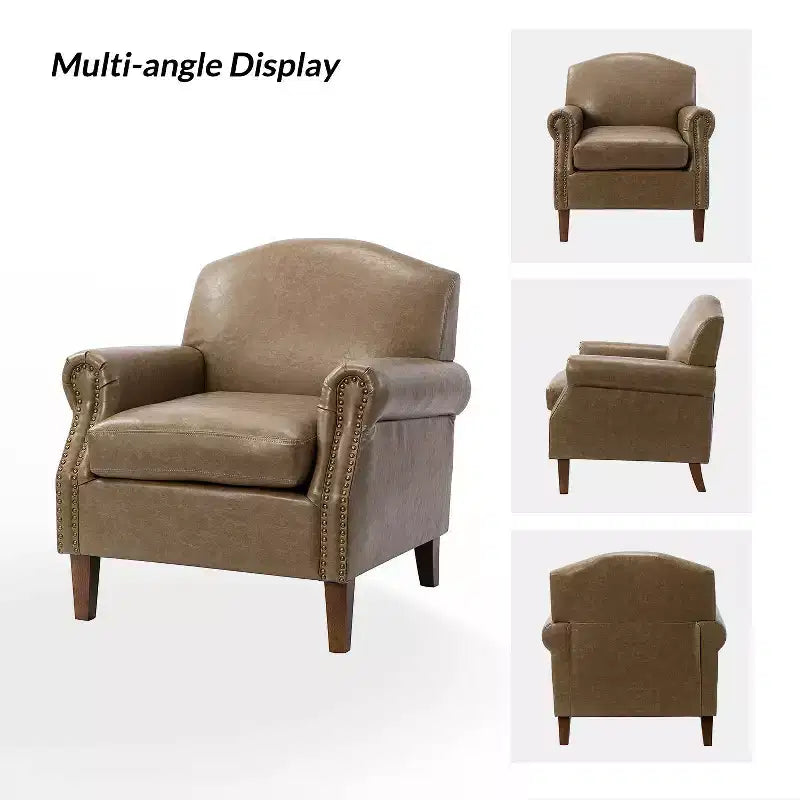 Fauteuil Gianluigi en similicuir végane de transition avec clous décoratifs et pieds en bois massif pour la chambre et le salon | ART OF LIVING DESIGNS