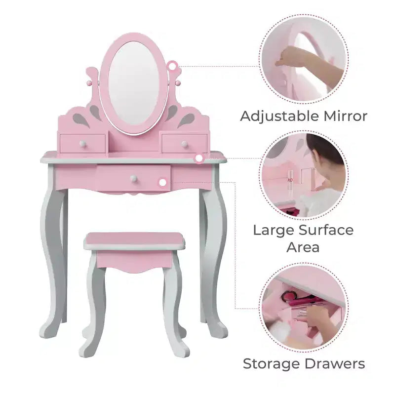 Coiffeuse pour enfant en bois Raiponce Fantasy Fields avec tabouret, rangement et miroir