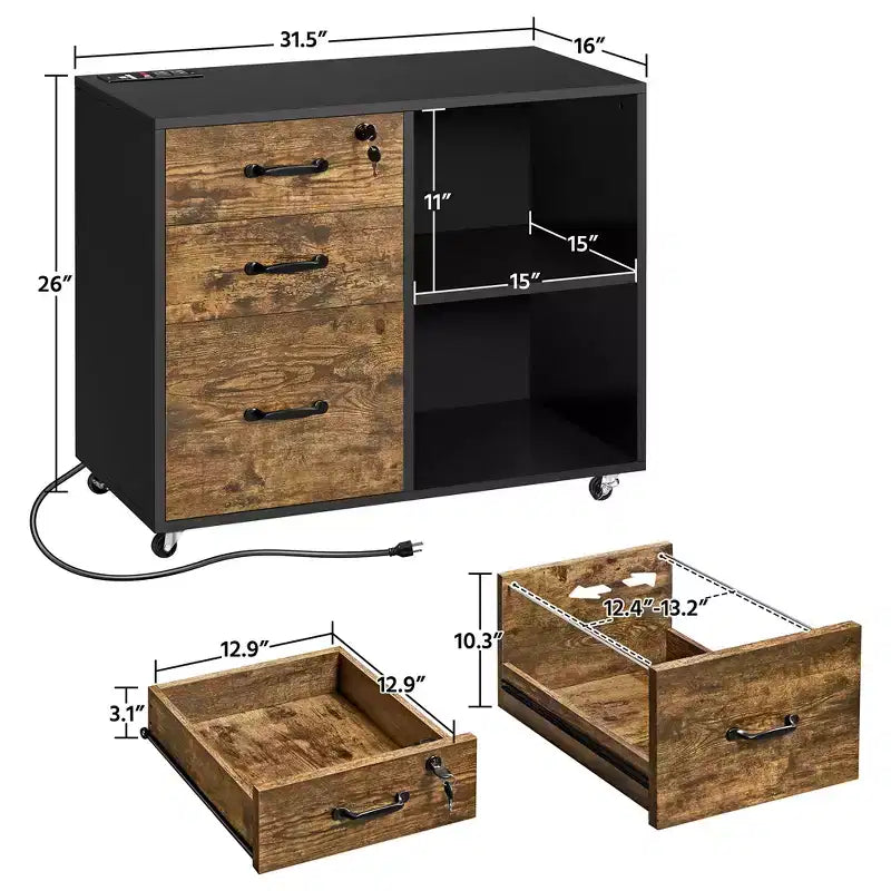 Yaheetech Meuble de classement vintage à 3 tiroirs avec prise et port de chargement USB Noir/Marron rustique