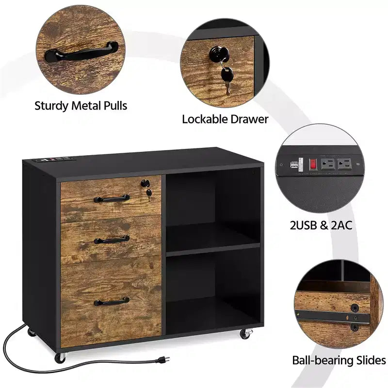 Yaheetech Meuble de classement vintage à 3 tiroirs avec prise et port de chargement USB Noir/Marron rustique