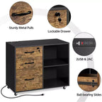 Yaheetech Meuble de classement vintage à 3 tiroirs avec prise et port de chargement USB Noir/Marron rustique