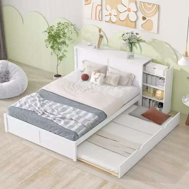 Lit plateforme de rangement avec étagères coulissantes et lit gigogne simple - ModernLuxe