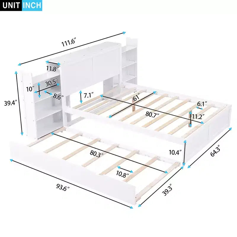 Lit plateforme de rangement avec étagères coulissantes et lit gigogne simple - ModernLuxe