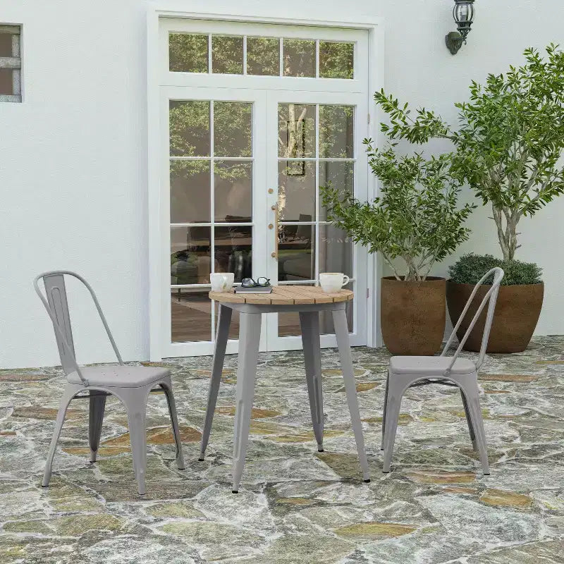 Table à manger Merrick Lane intérieure/extérieure, plateau rond en polyrésine toutes saisons de 23,75 po avec base en acier