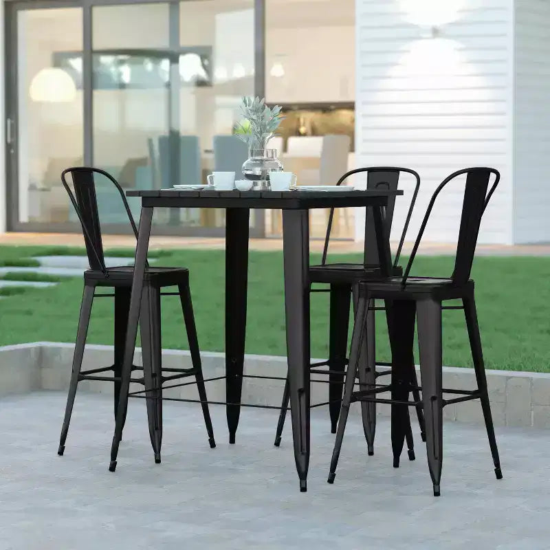 Table de bar intérieure/extérieure Emma et Oliver, plateau carré de 31,5 po en résine polymère tout temps avec base en acier