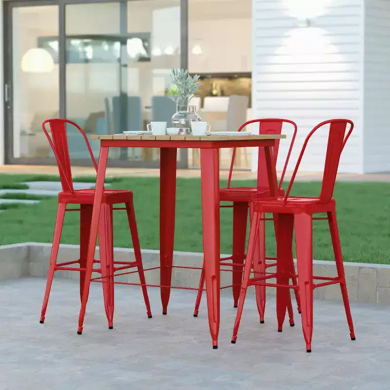 Table de bar intérieure/extérieure Emma et Oliver, plateau carré de 31,5 po en résine polymère tout temps avec base en acier