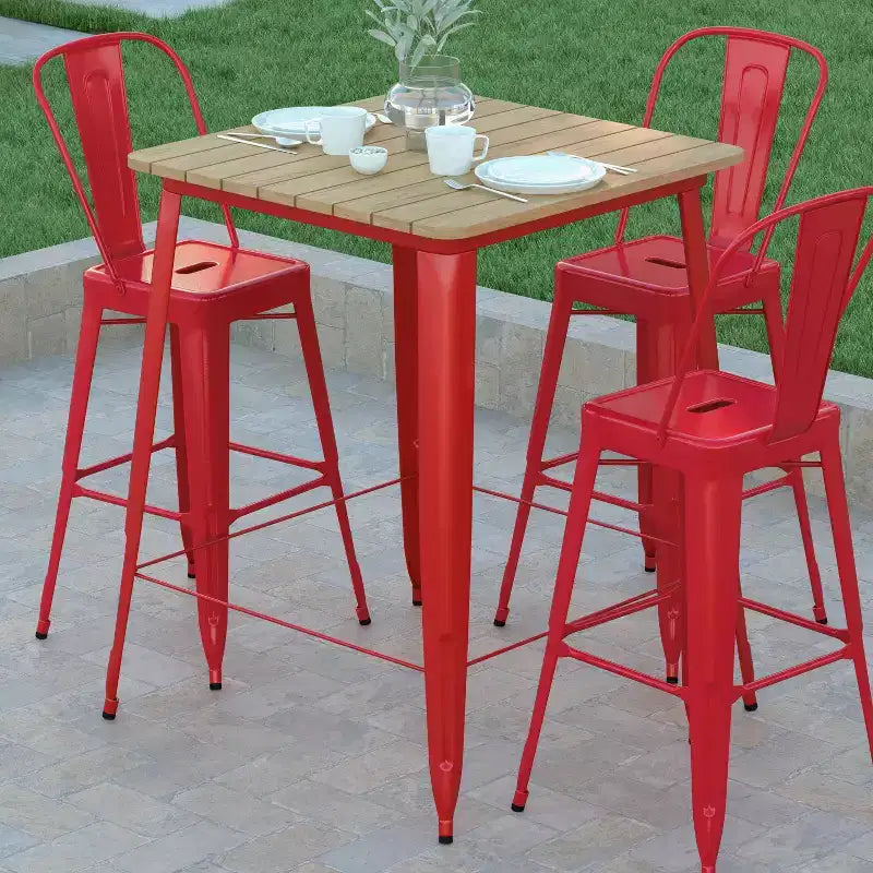 Table de bar intérieure/extérieure Emma et Oliver, plateau carré de 31,5 po en résine polymère tout temps avec base en acier