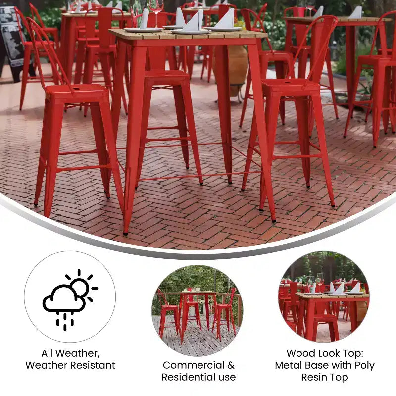 Table de bar intérieure/extérieure Emma et Oliver, plateau carré de 31,5 po en résine polymère tout temps avec base en acier