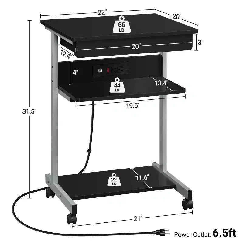 Yaheetech Table d'ordinateur portable 22 pouces avec prise de courant Noir