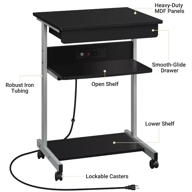 Yaheetech Table d'ordinateur portable 22 pouces avec prise de courant Noir
