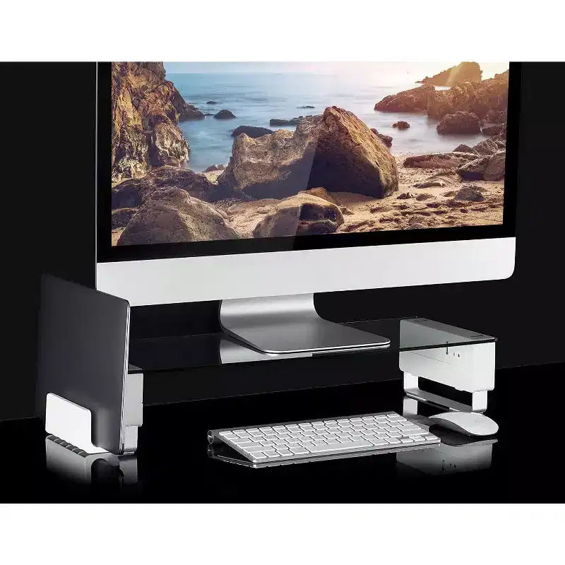 Mount-It! Support d'écran en verre trempé avec 3 ports USB | Rehausseur de bureau compatible avec les écrans de 24, 27, 30, 32 pouces | Capacité de 30 kg