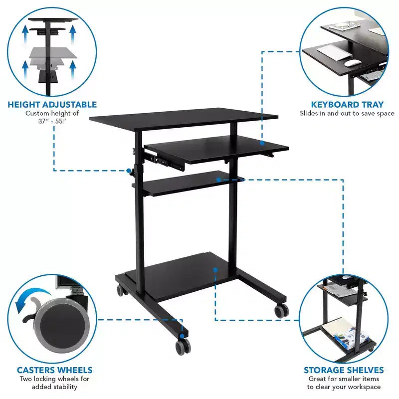 Mount-It! Bureau debout mobile avec plateforme de clavier rétractable | Poste de travail informatique réglable en hauteur | Roues verrouillables | Capacité de 45 kg