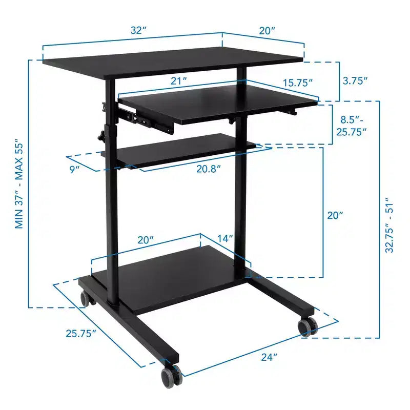 Mount-It! Bureau debout mobile avec plateforme de clavier rétractable | Poste de travail informatique réglable en hauteur | Roues verrouillables | Capacité de 45 kg