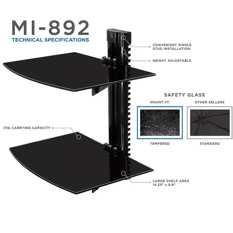 Mount-It! Support mural flottant pour récepteur AV, composant, décodeur, PlayStation 5, projecteur | 2 étagères en verre trempé teinté noir