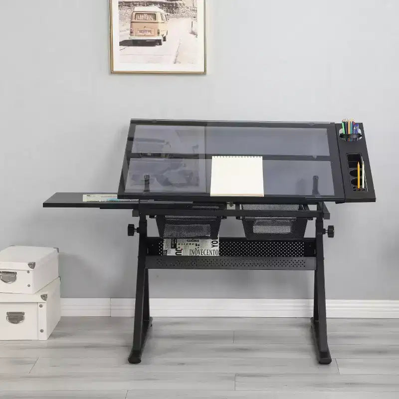 Bureau de dessin et d'impression ModernLuxe avec chaise en verre trempé réglable noir