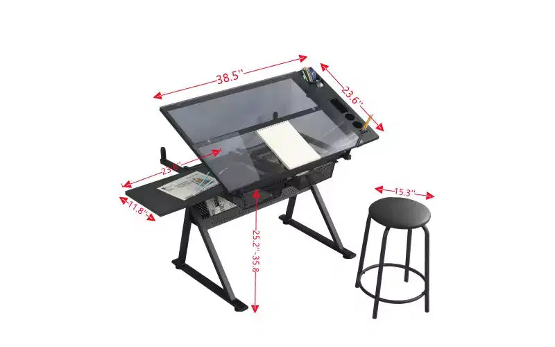 Bureau de dessin et d'impression ModernLuxe avec chaise en verre trempé réglable noir
