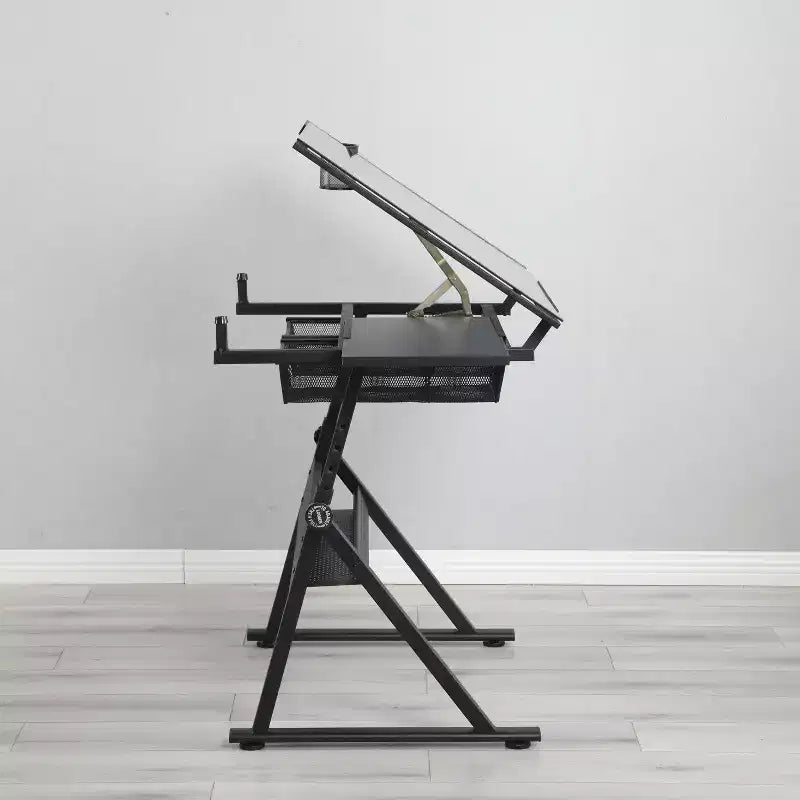 Bureau de dessin et d'impression ModernLuxe avec chaise en verre trempé réglable noir