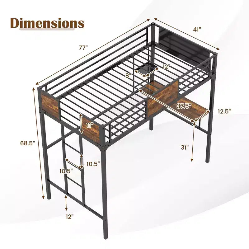 Lit mezzanine Costway pour deux personnes avec bureau et étagère, garde-corps de sécurité et échelle, gain de place