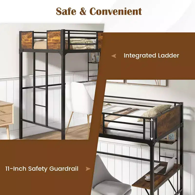 Lit mezzanine Costway pour deux personnes avec bureau et étagère, garde-corps de sécurité et échelle, gain de place