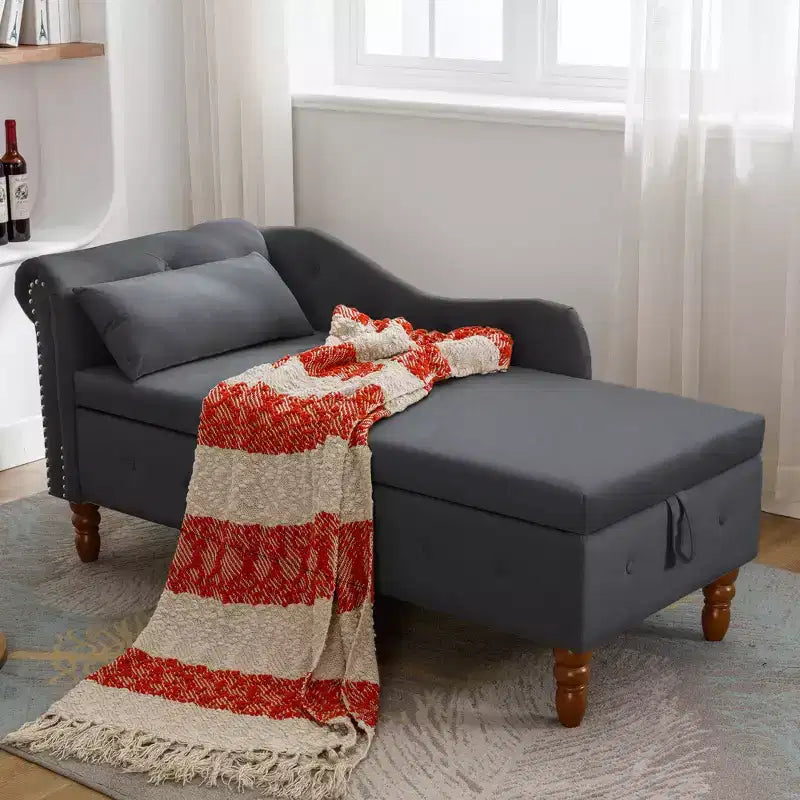 Chaise longue en velours avec rangement, oreiller et accents cloutés pour chambre - ModernLuxe