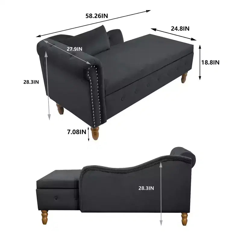 Chaise longue en velours avec rangement, oreiller et accents cloutés pour chambre - ModernLuxe