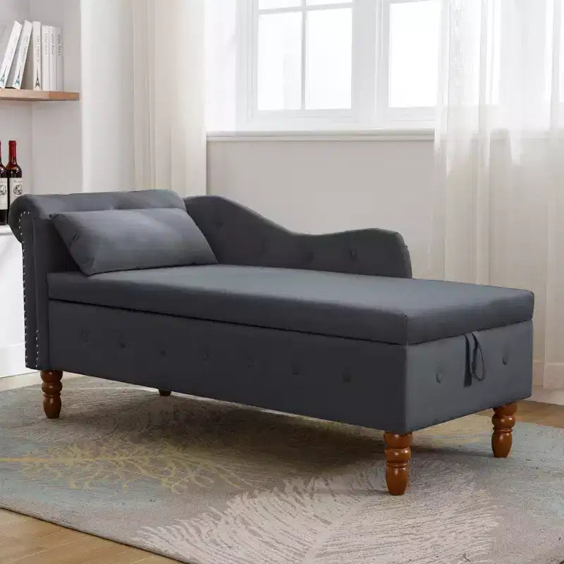 Chaise longue en velours avec rangement, oreiller et accents cloutés pour chambre - ModernLuxe