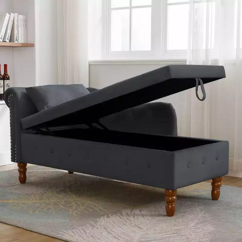 Chaise longue en velours avec rangement, oreiller et accents cloutés pour chambre - ModernLuxe