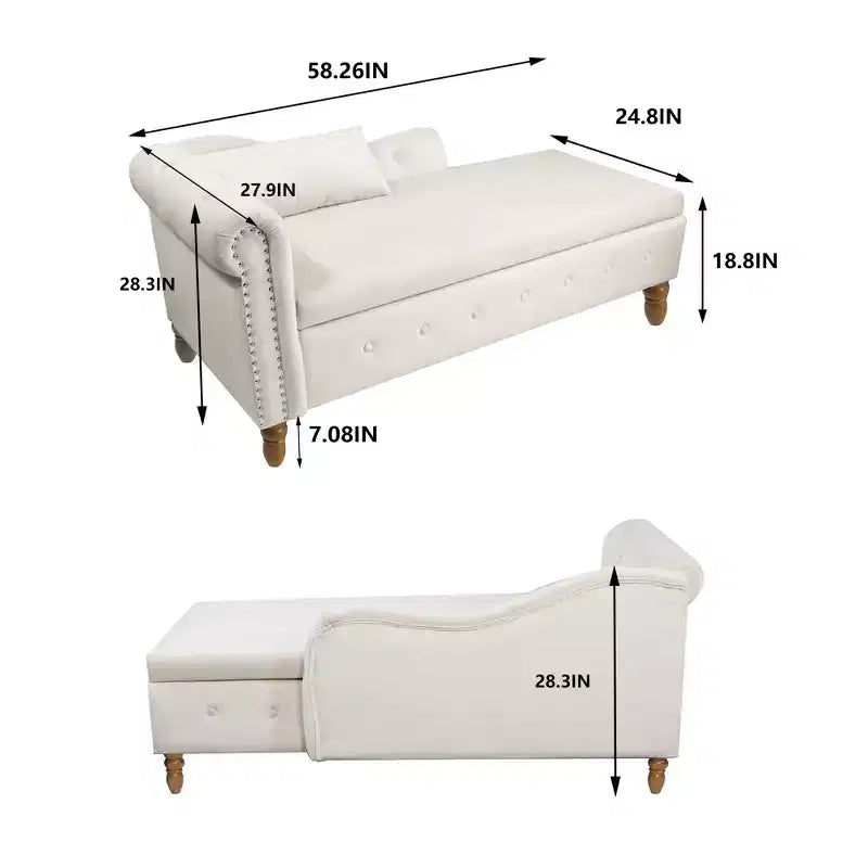 Chaise longue en velours avec rangement, oreiller et accents cloutés pour chambre - ModernLuxe